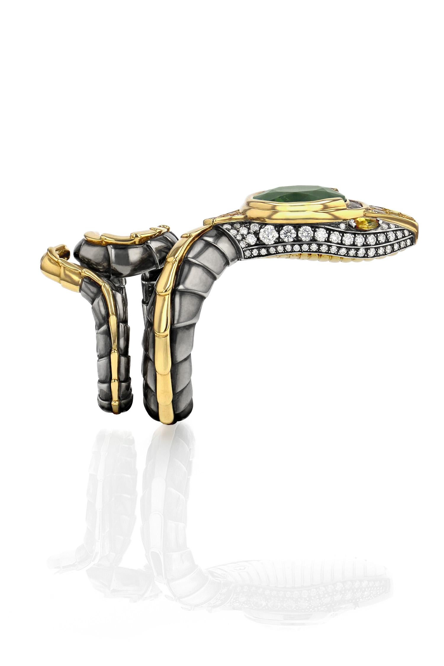 Oval Cut Green Sapphire Serpent Ring in 18k Yellow Gold & Distressed Silver by Elie Top For Sale