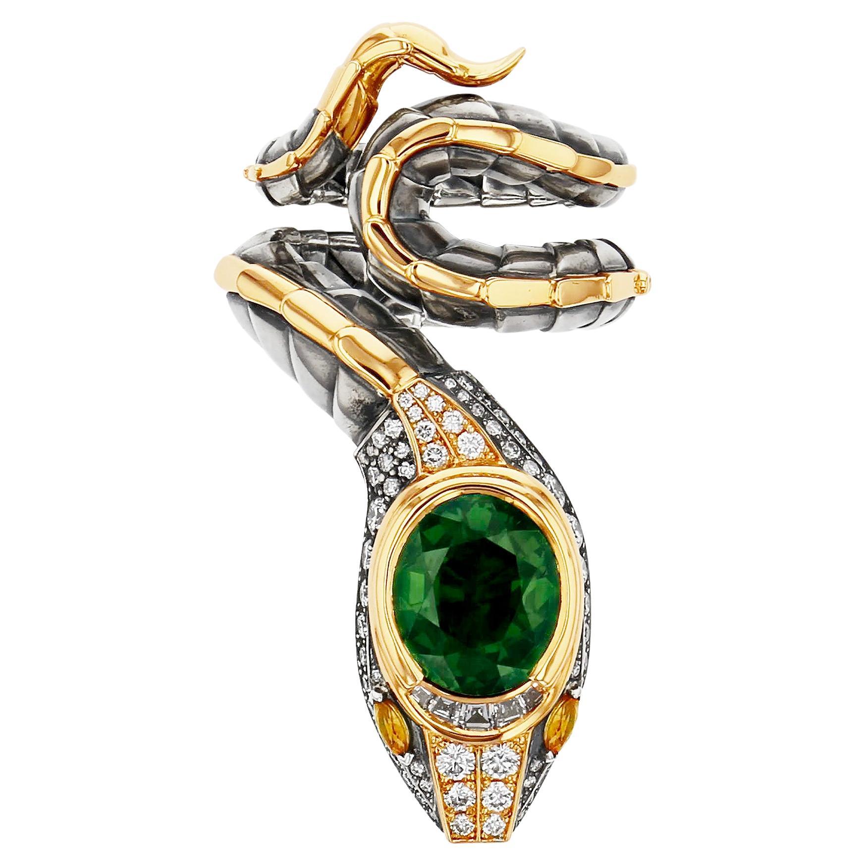 Green Sapphire Serpent Ring in 18k Yellow Gold & Distressed Silver by Elie Top For Sale