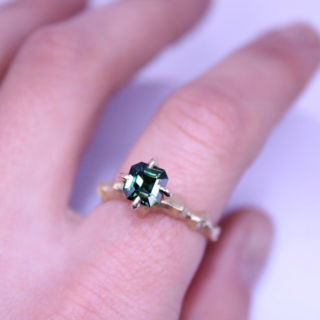 Artisan Green Sapphire Solitaire Ring in 14 Karat Yellow Gold  For Sale