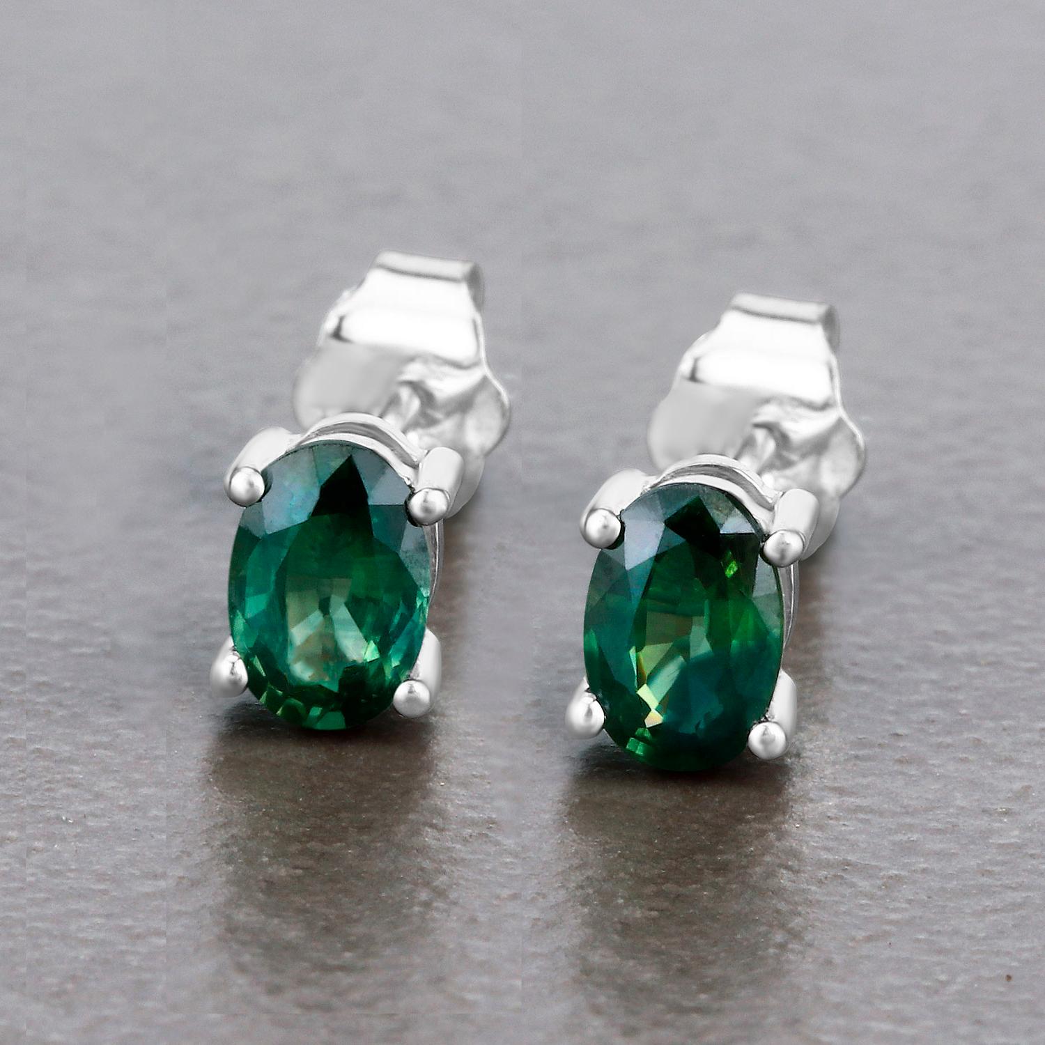 Oval Cut Green Sapphire Stud Earrings 1.16 Carats 14K White Gold For Sale