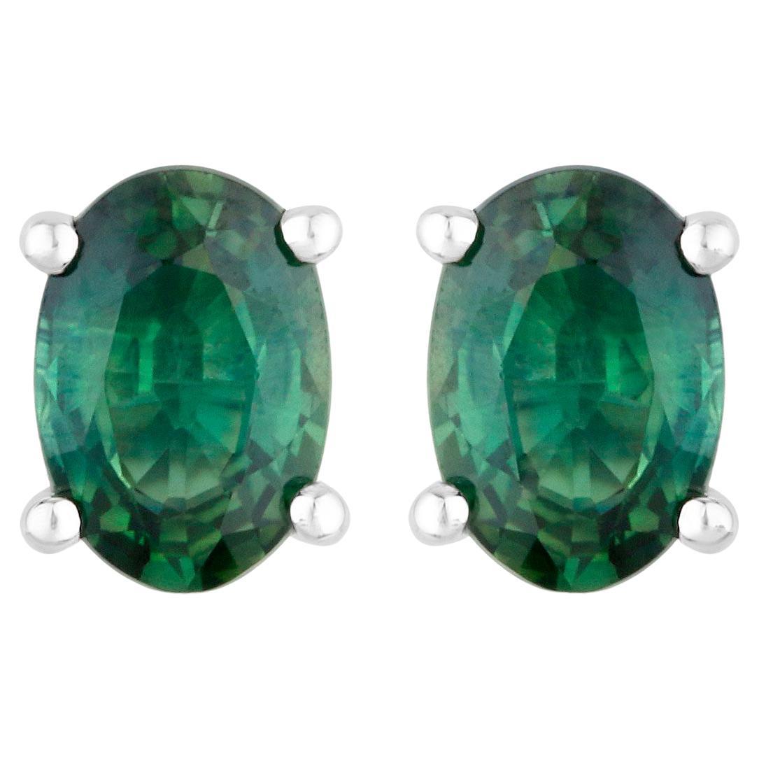 Green Sapphire Stud Earrings 1.16 Carats 14K White Gold For Sale