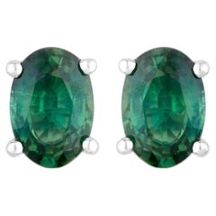 Green Sapphire Stud Earrings 1.16 Carats 14K White Gold