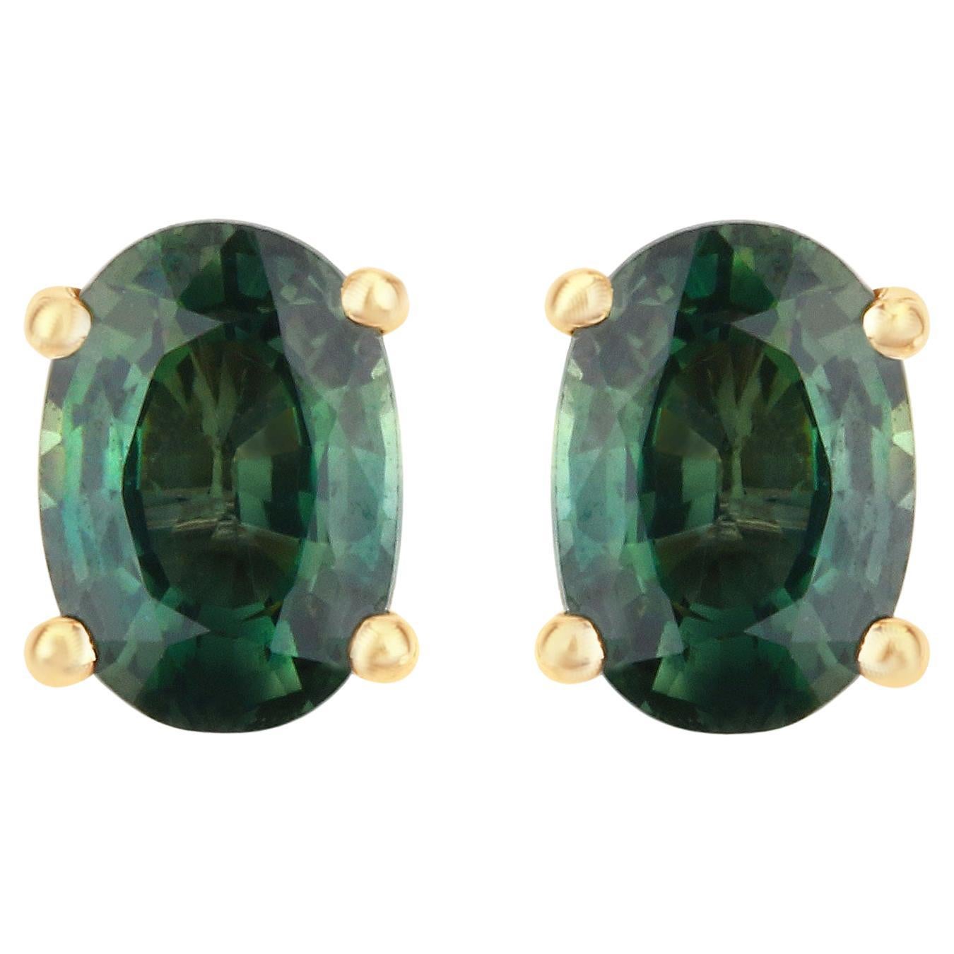 Green Sapphire Stud Earrings 1.16 Carats Total 14K Yellow Gold For Sale