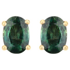 Green Sapphire Stud Earrings 1.16 Carats Total 14K Yellow Gold
