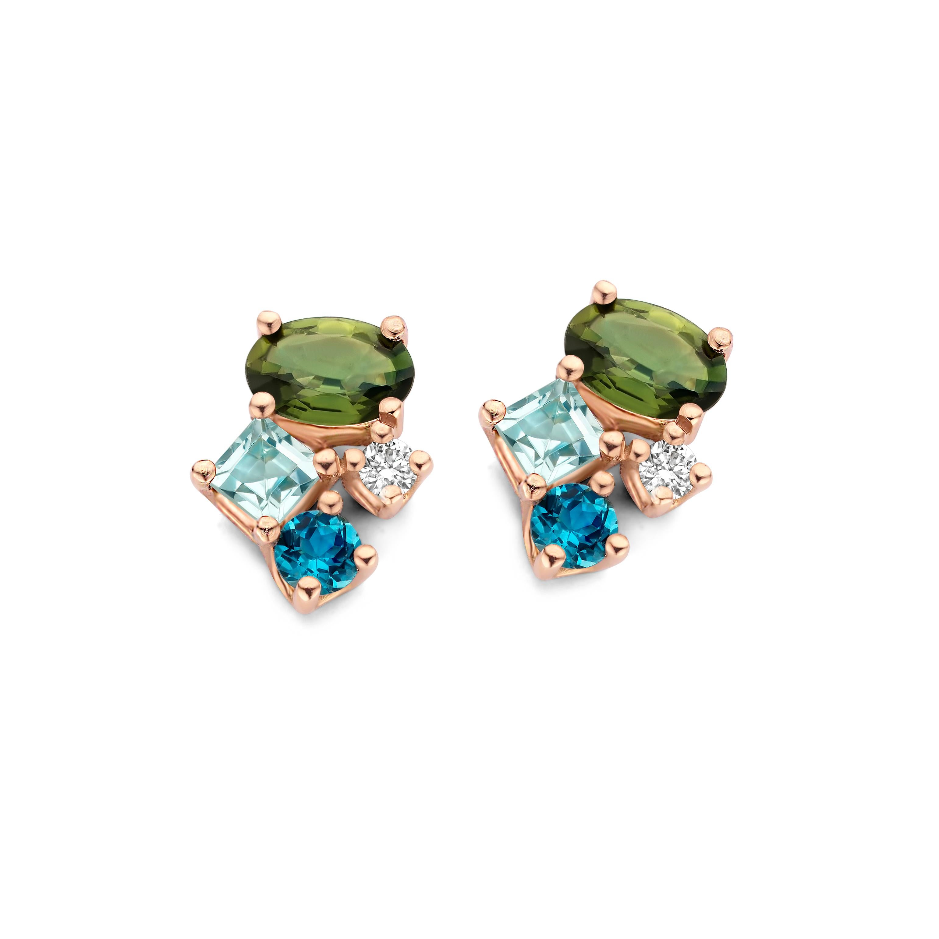 Contemporary Green Sapphire, Topaz, Diamond Rose Gold Stud Earrings For Sale