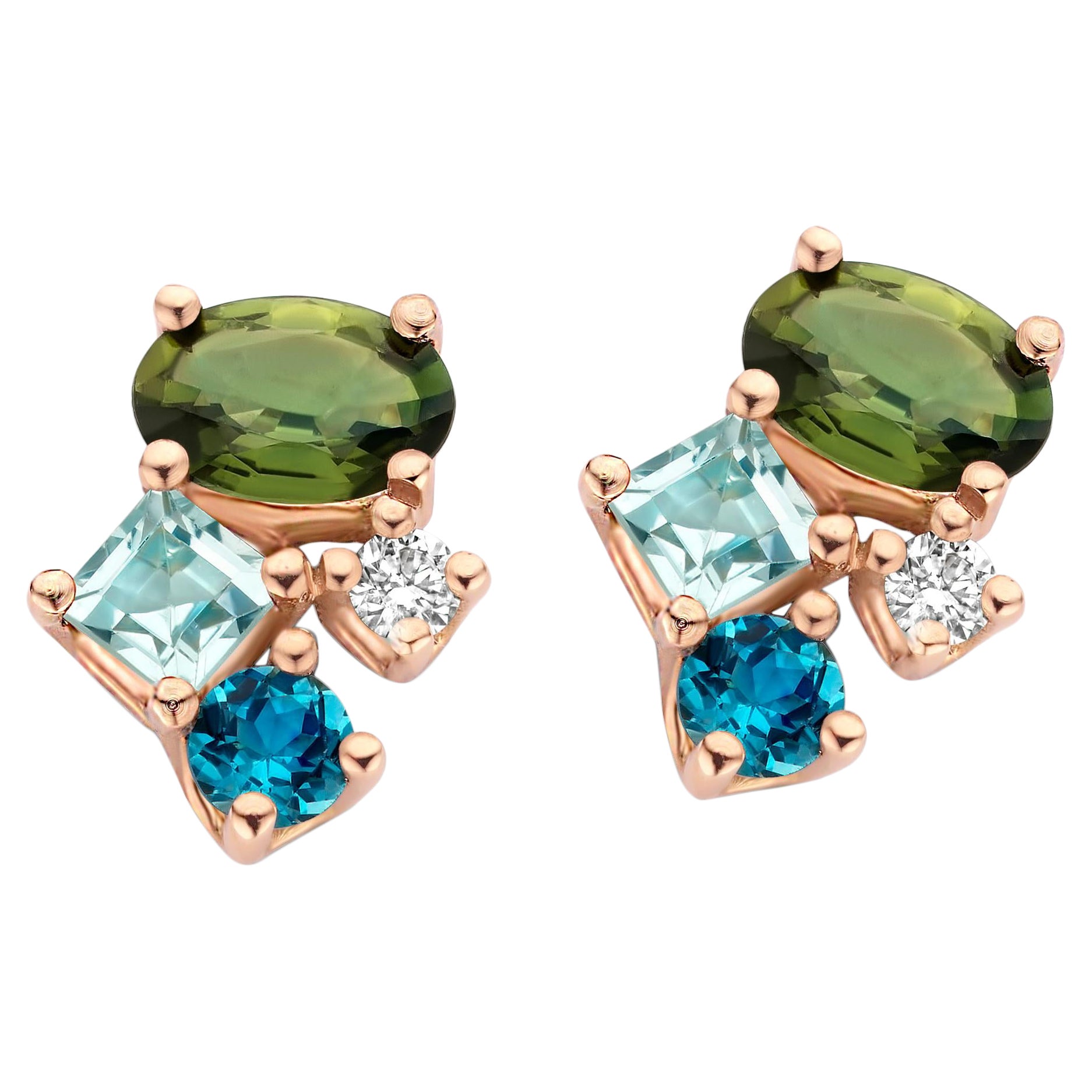Green Sapphire, Topaz, Diamond Rose Gold Stud Earrings For Sale