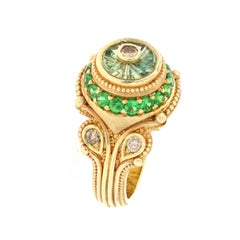 Green Sapphire 'Torus' Cut, Champagne Diamonds, Tsavorite Garnet Cocktail Ring