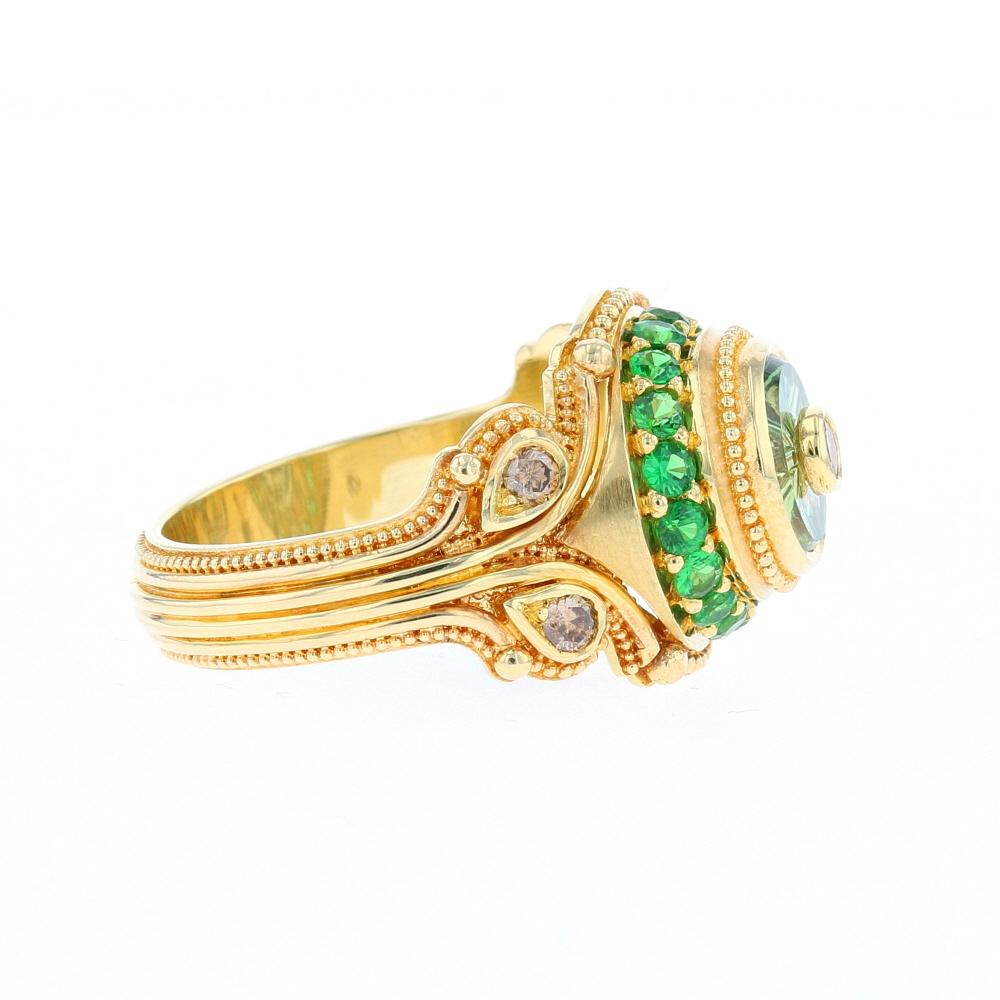 Women's or Men's Green Sapphire 'Torus' Cut, Champagne Diamonds, Tsavorite Garnet Cocktail Ring For Sale