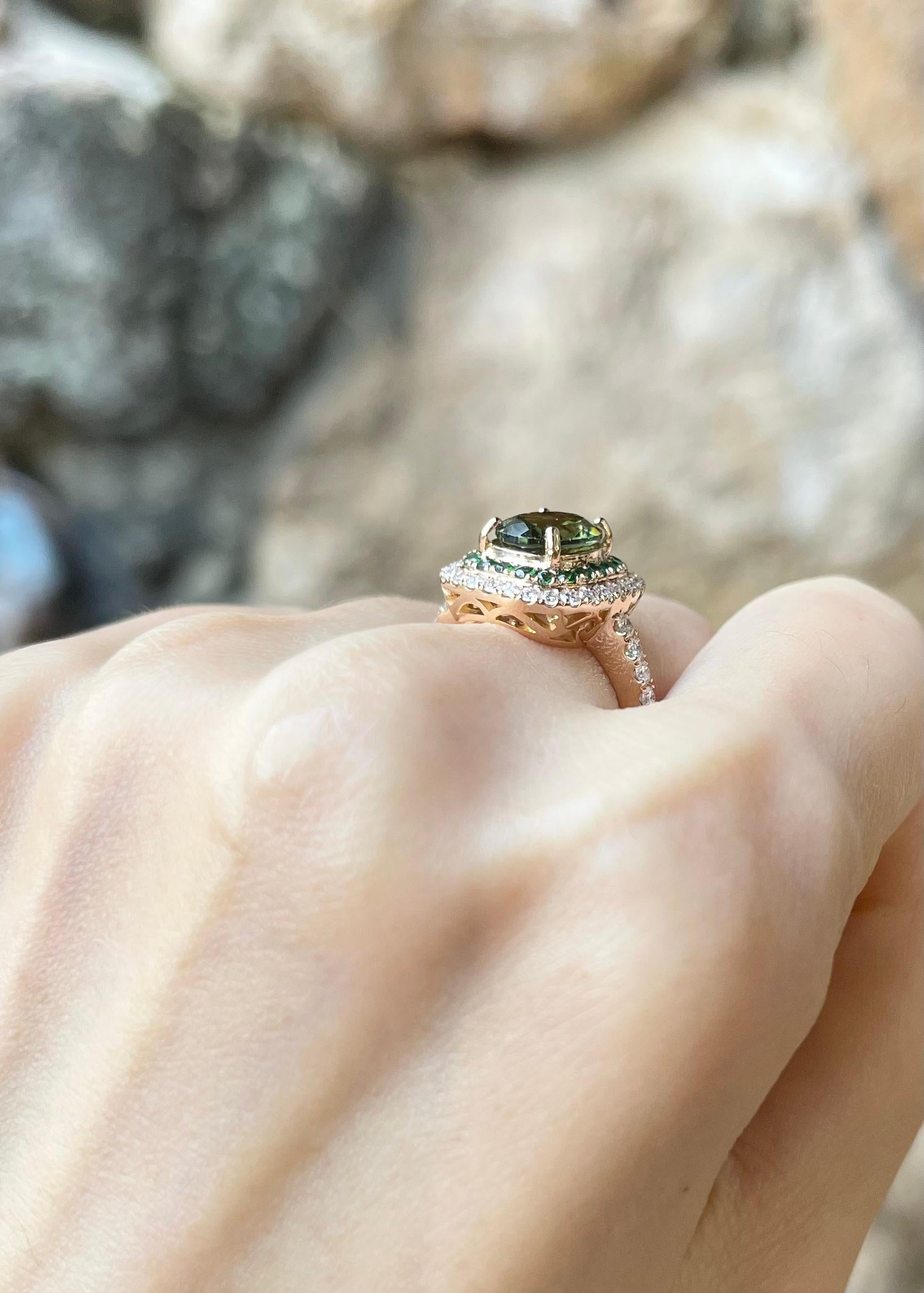Women's Green Sapphire, Tsavorite and Diamond Ring set in 18K Rose Gold Settings For Sale