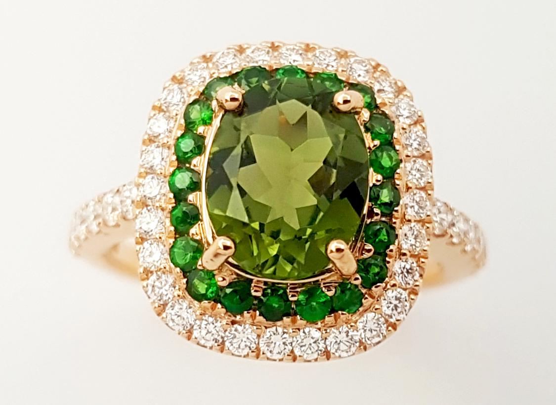 Green Sapphire, Tsavorite and Diamond Ring set in 18K Rose Gold Settings For Sale 2