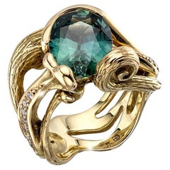 Green Sapphire Vine-Style Ring in 18 Karat Gold with Diamonds, by Gloria Bass