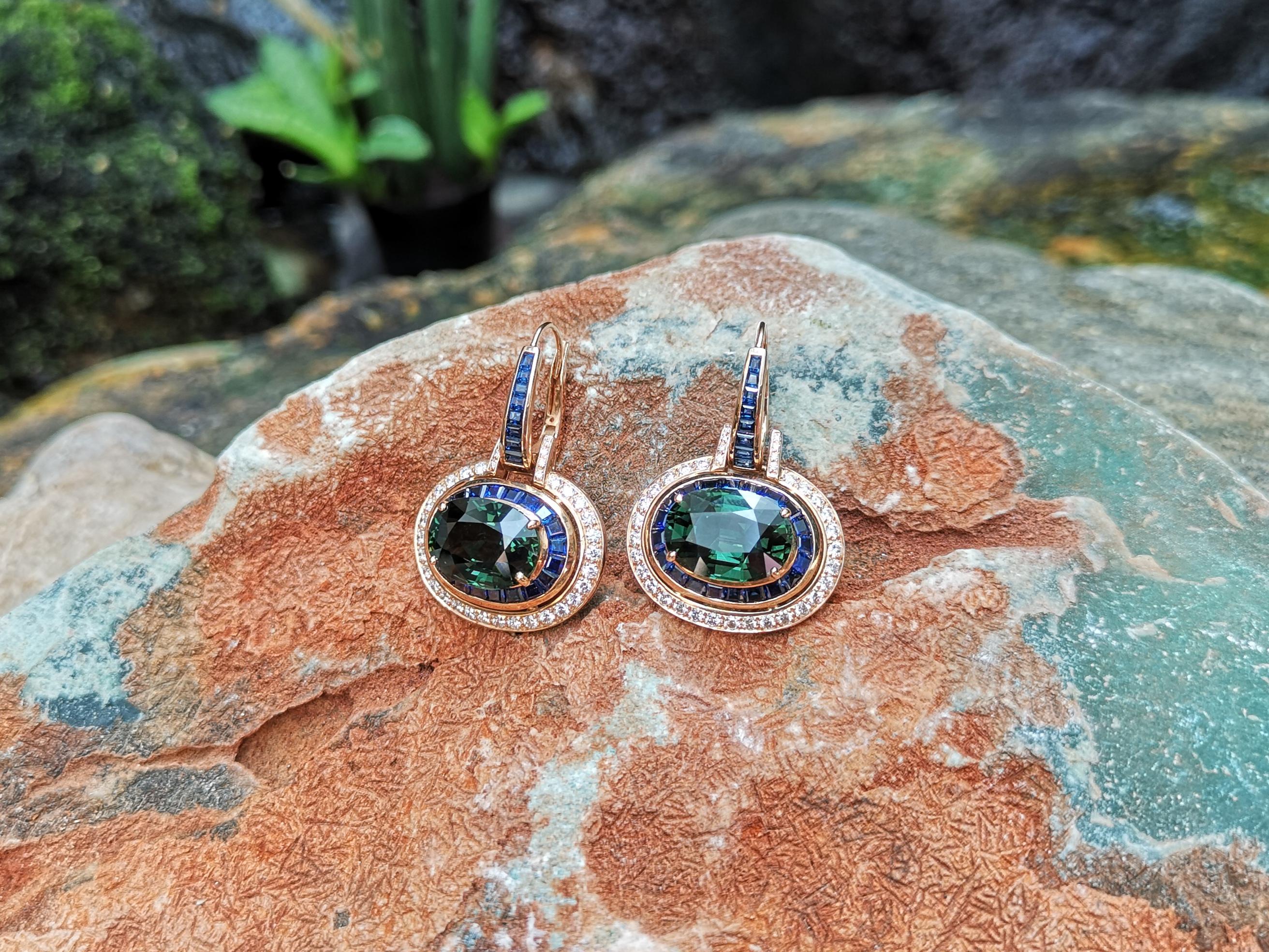 Mixed Cut Green Sapphire with Blue Sapphire and Diamond Earrings in 18 Karat Rose Gold For Sale
