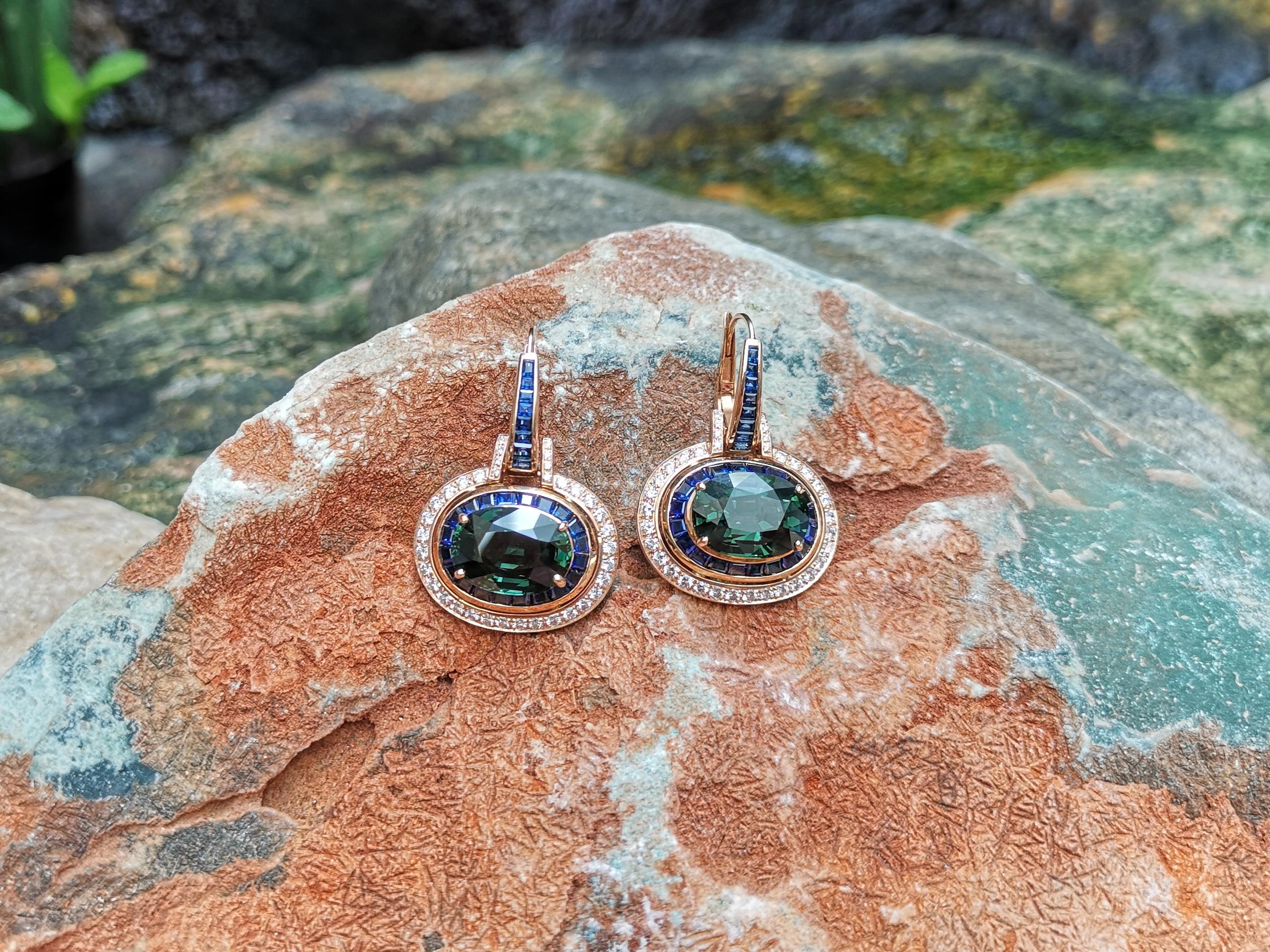 Women's Green Sapphire with Blue Sapphire and Diamond Earrings in 18 Karat Rose Gold For Sale