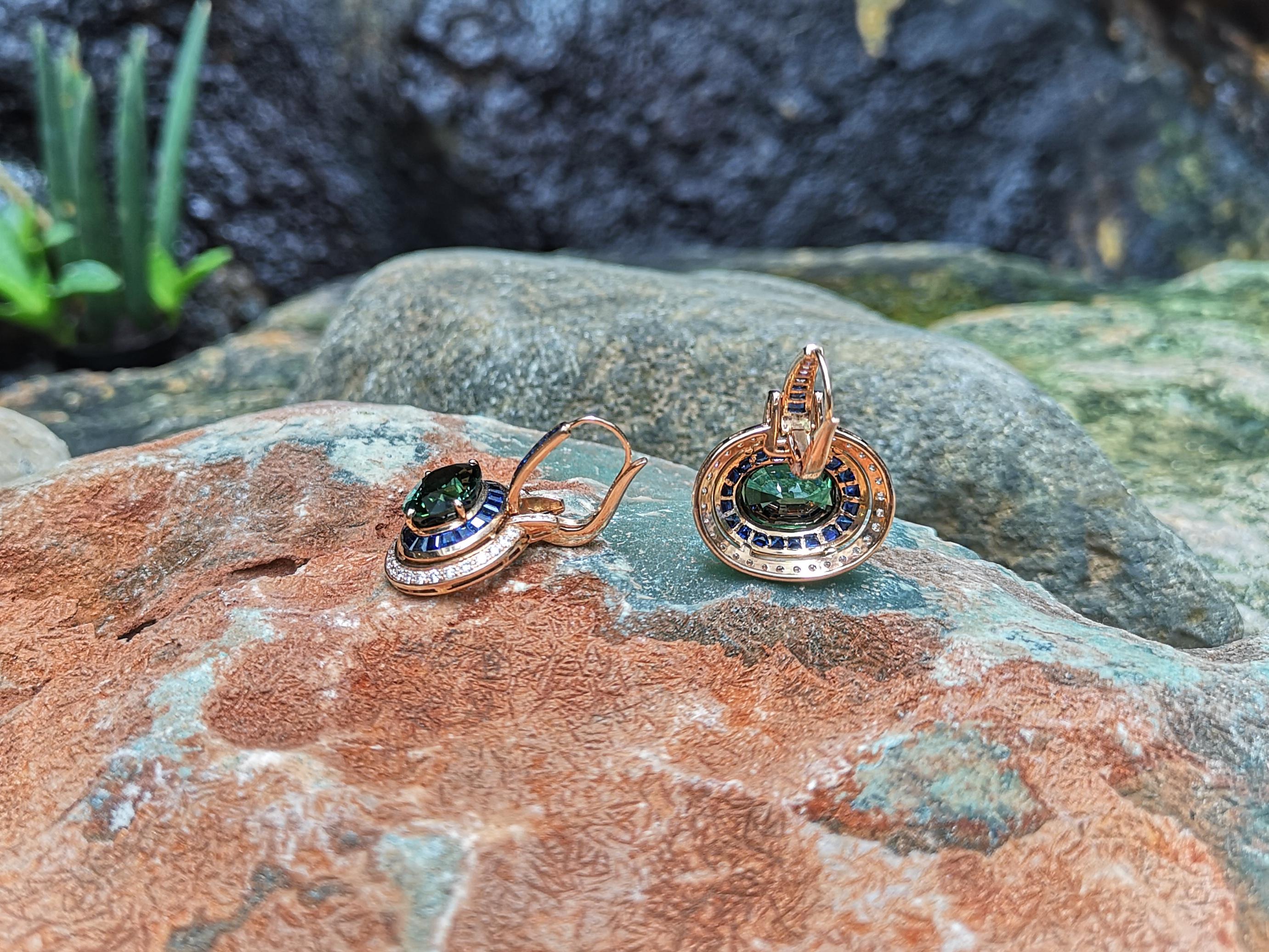 Green Sapphire with Blue Sapphire and Diamond Earrings in 18 Karat Rose Gold For Sale 1