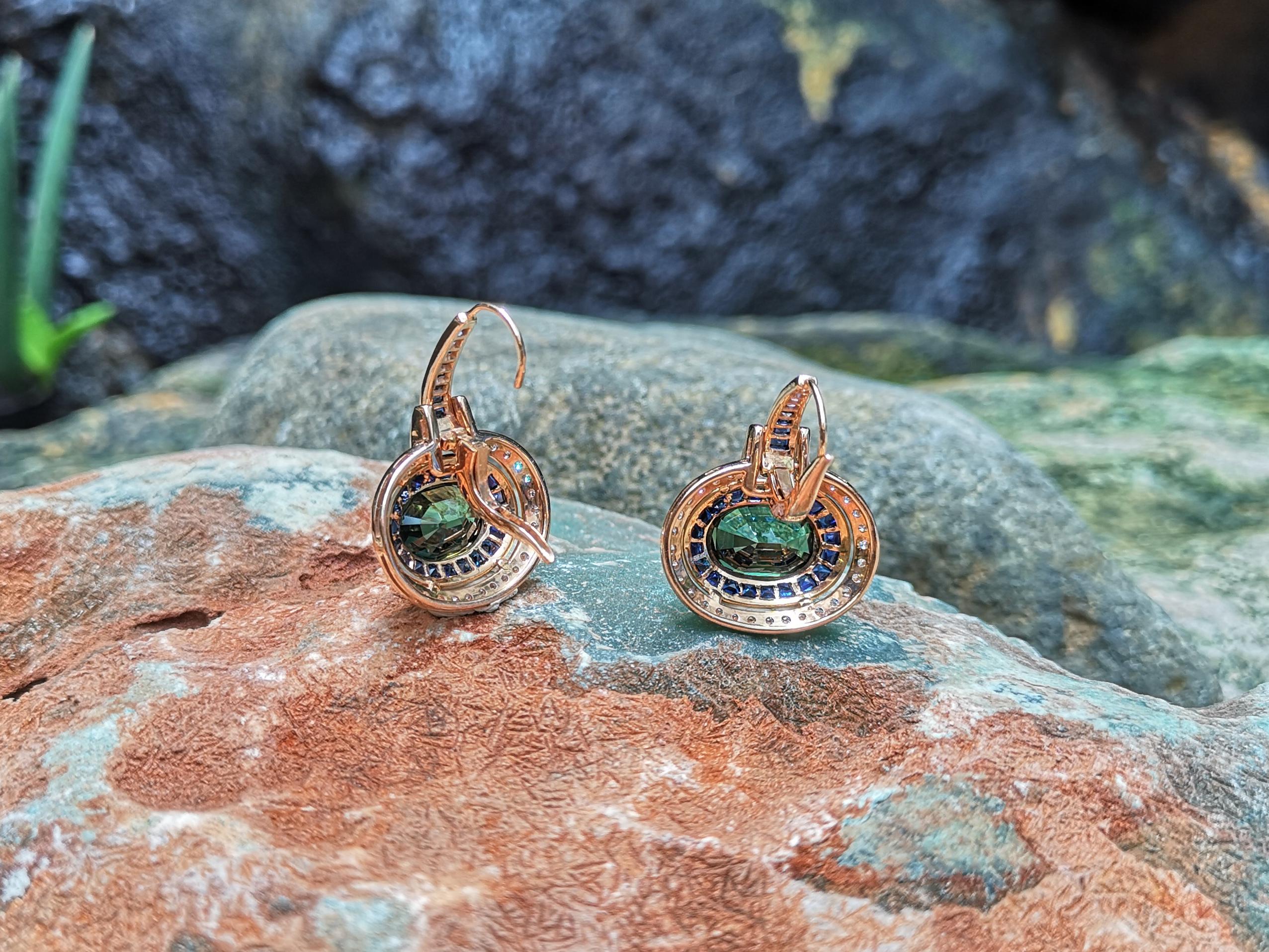 Green Sapphire with Blue Sapphire and Diamond Earrings in 18 Karat Rose Gold For Sale 2