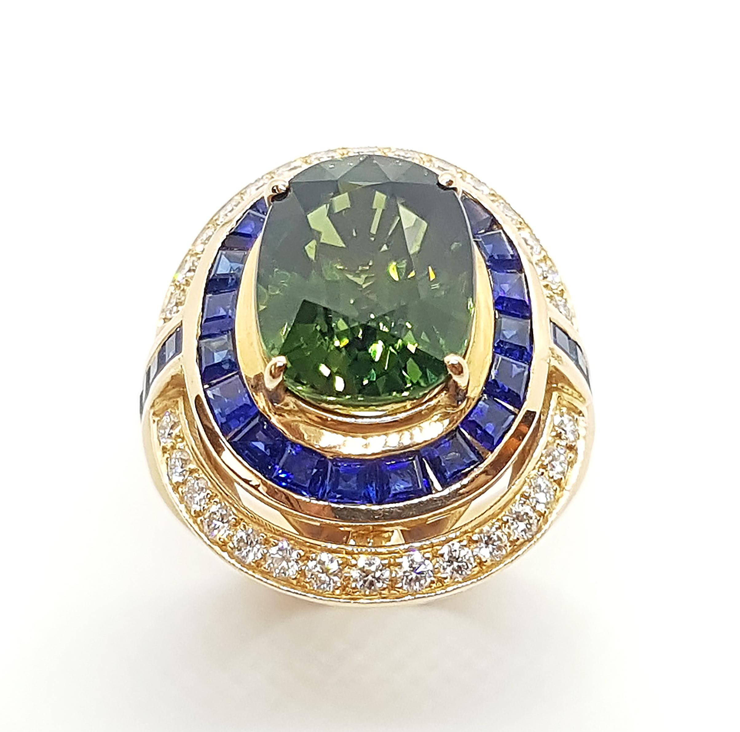 Green Sapphire 10.23 carats with Blue Sapphire 3.34 carats and Diamond 0.59 carat Ring set in 18 Karat Rose Gold Settings

Width:  1.9 cm 
Length:  2.6 cm
Ring Size: 54
Total Weight: 13.35 grams

Green Sapphire
Width:  1.0 cm 
Length:  1.4 cm

