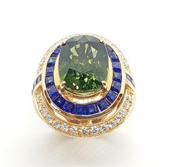 Green Sapphire with Blue Sapphire and Diamond Ring Set in 18 Karat Rose Gold