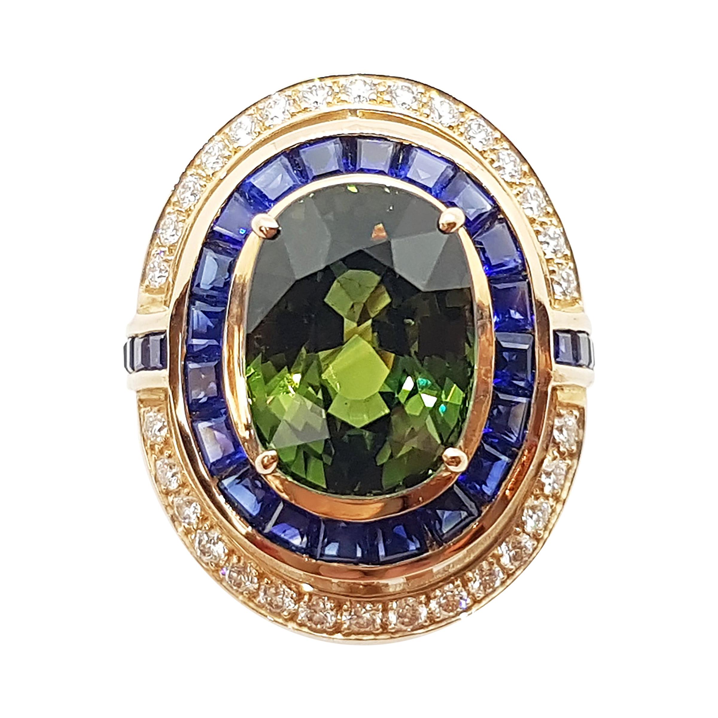 Green Sapphire with Blue Sapphire and Diamond Ring Set in 18 Karat Rose Gold