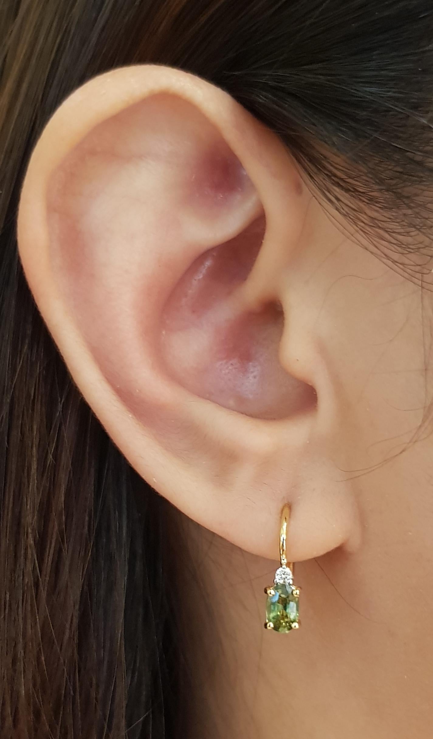 Orecchini con zaffiro verde da 1,00 carati e diamante da 0,05 carati con montatura in oro da 18 carati

Larghezza: 0,4 cm 
Lunghezza: 1.8 cm
Peso totale: 2,37 grammi

