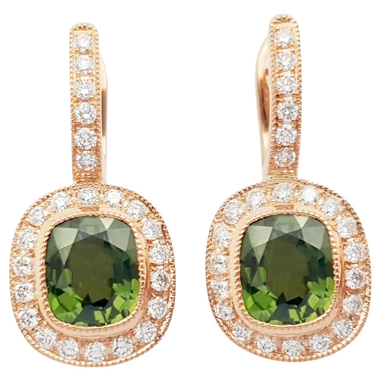 Green Sapphire with Diamond Earrings set in 18K Rose Gold Settings