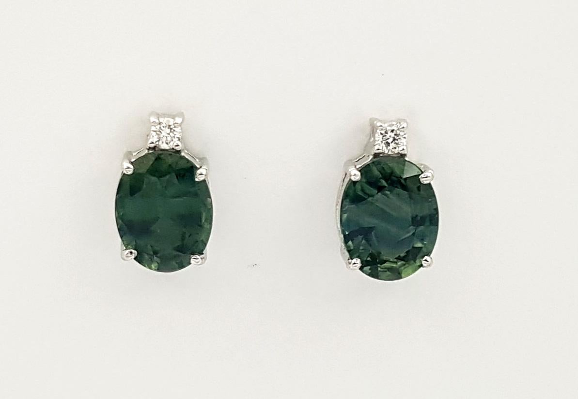 Contemporary Green Sapphire with Diamond Earrings set in 18K White Gold Settings For Sale