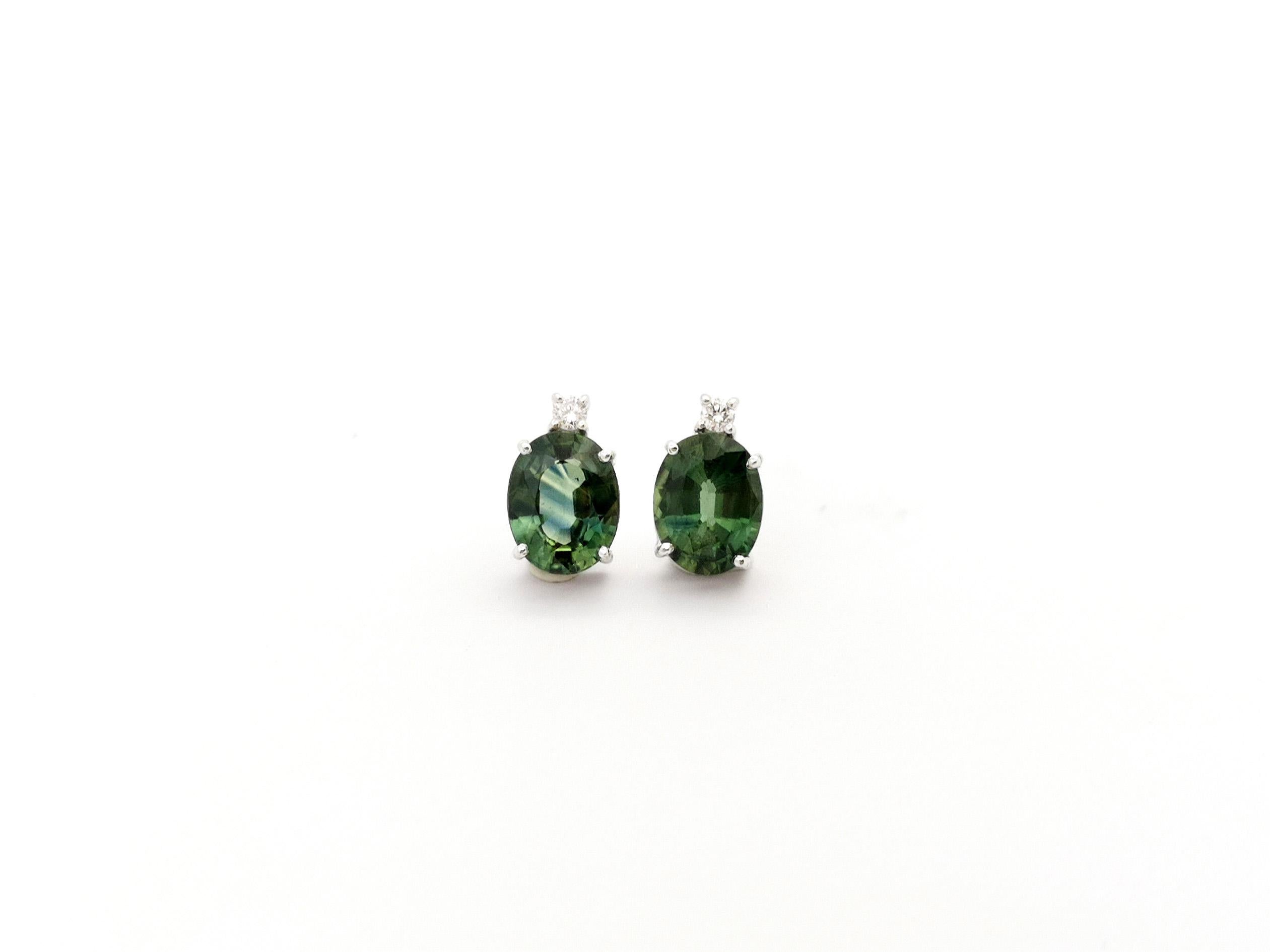 Oval Cut Green Sapphire with Diamond Earrings set in 18K White Gold Settings For Sale