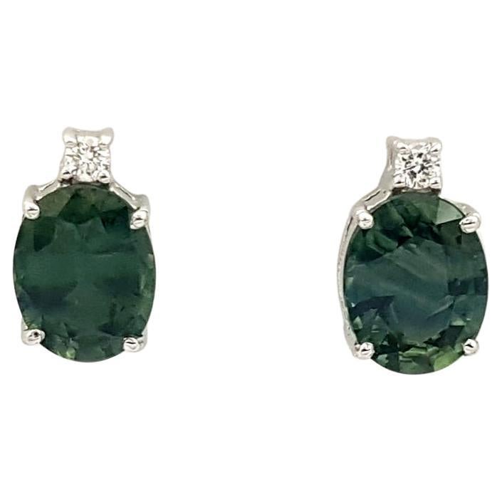 Green Sapphire with Diamond Earrings set in 18K White Gold Settings For Sale