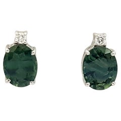 Green Sapphire with Diamond Earrings set in 18K White Gold Settings