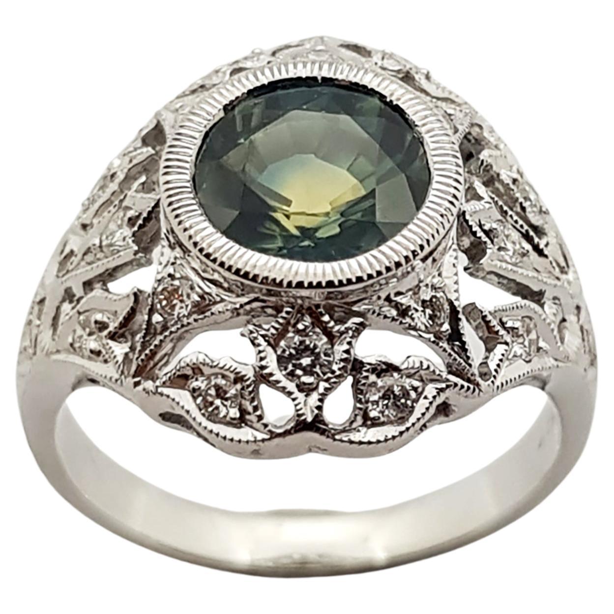 Green Sapphire with Diamond Ring Set in 18 Karat White Gold Settings