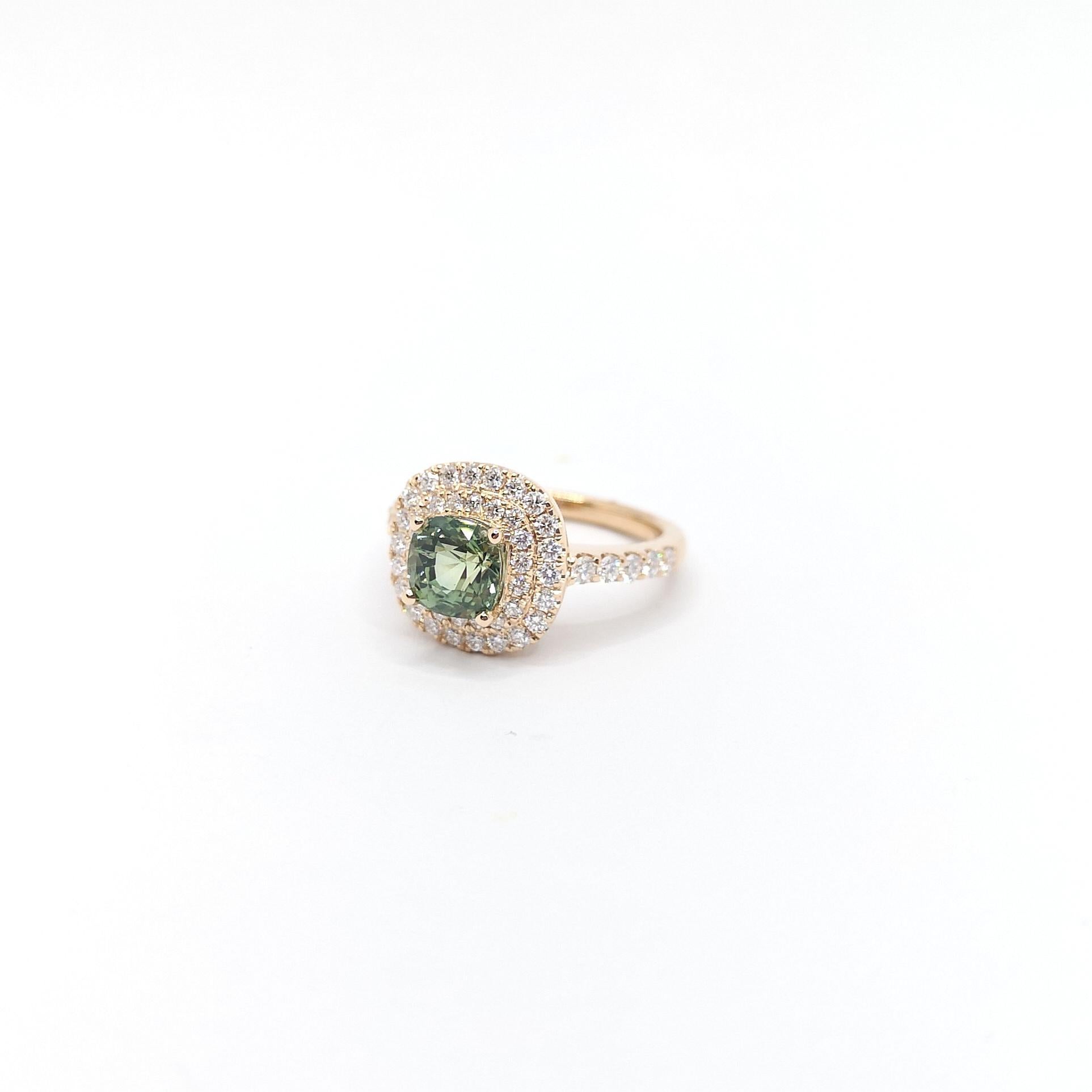 Certified Unheated Green Sapphire with Diamond Ring set in 18K Rose Gold For Sale 4