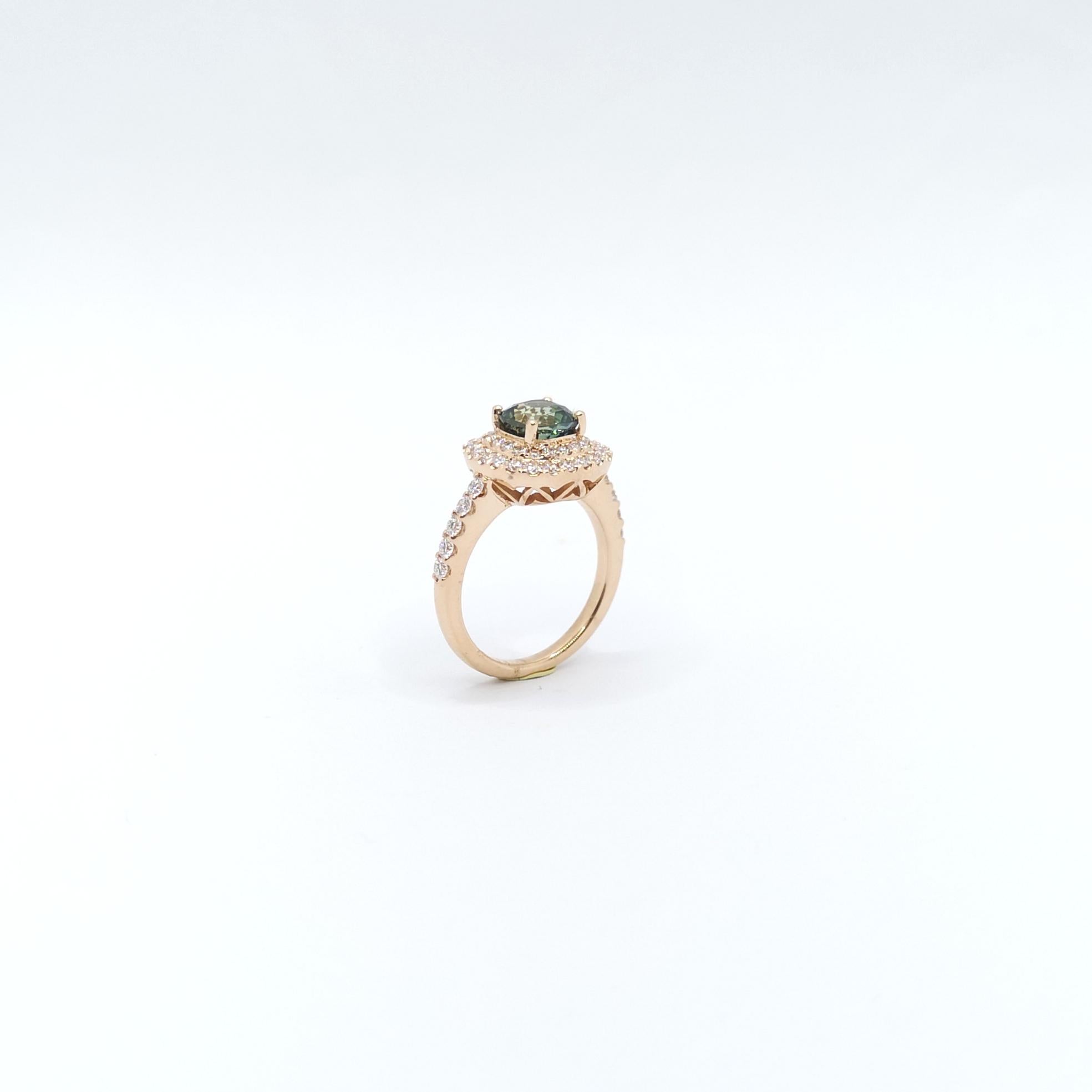 Certified Unheated Green Sapphire with Diamond Ring set in 18K Rose Gold For Sale 5