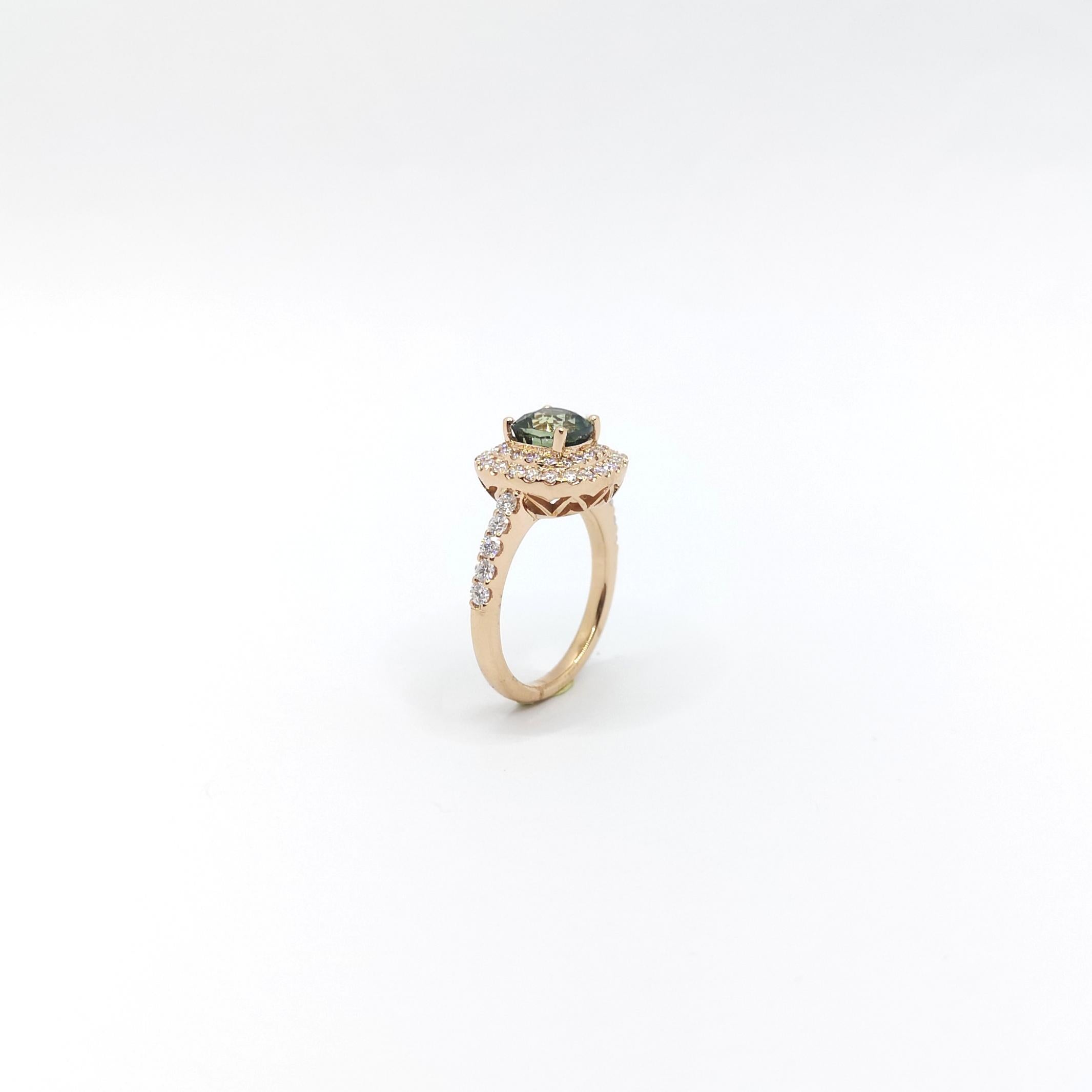 Certified Unheated Green Sapphire with Diamond Ring set in 18K Rose Gold For Sale 6