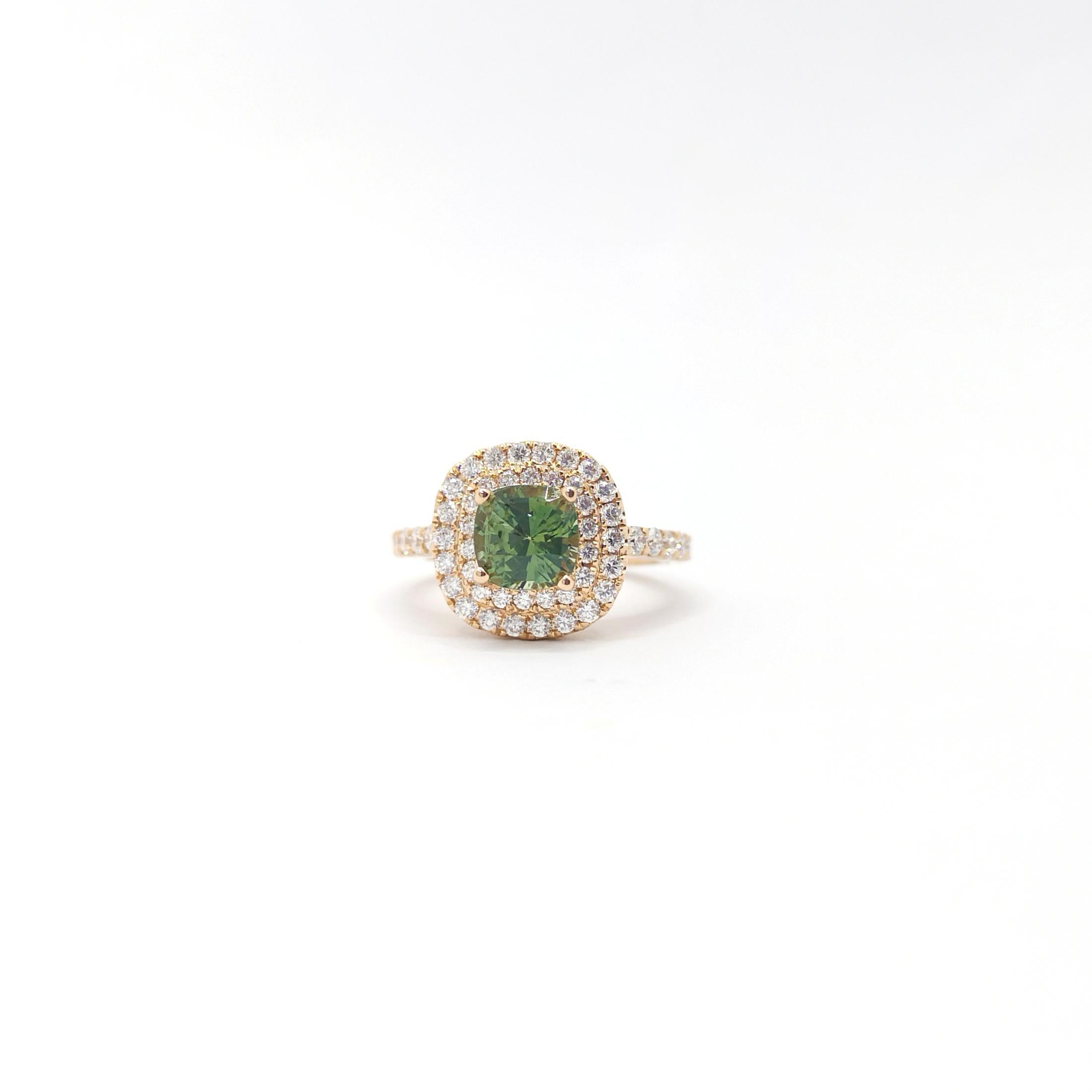 Certified Unheated Green Sapphire with Diamond Ring set in 18K Rose Gold For Sale 2