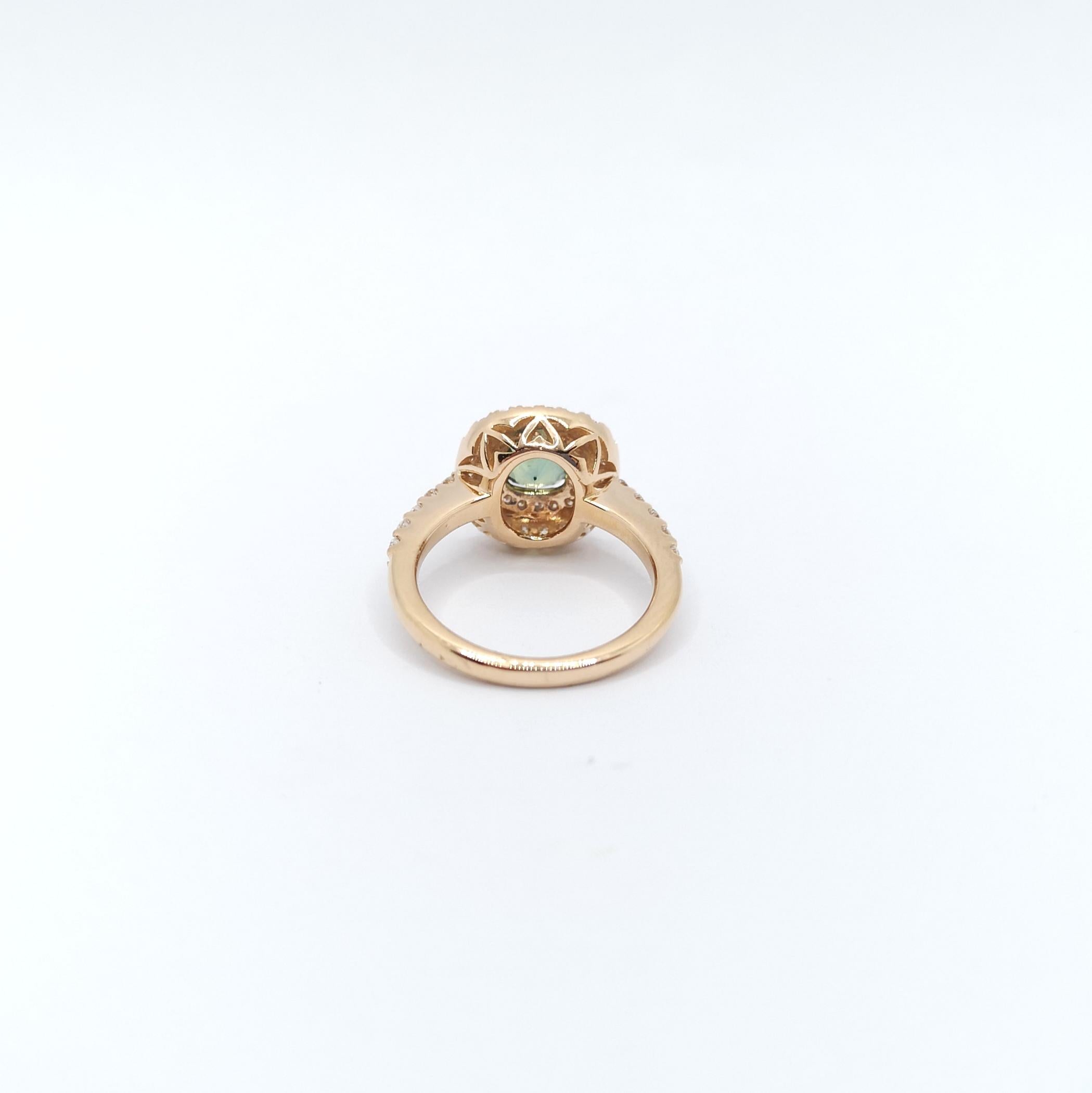 Certified Unheated Green Sapphire with Diamond Ring set in 18K Rose Gold For Sale 3