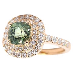 Bague en or rose 18 carats avec saphir vert certifié non chauffé et diamant