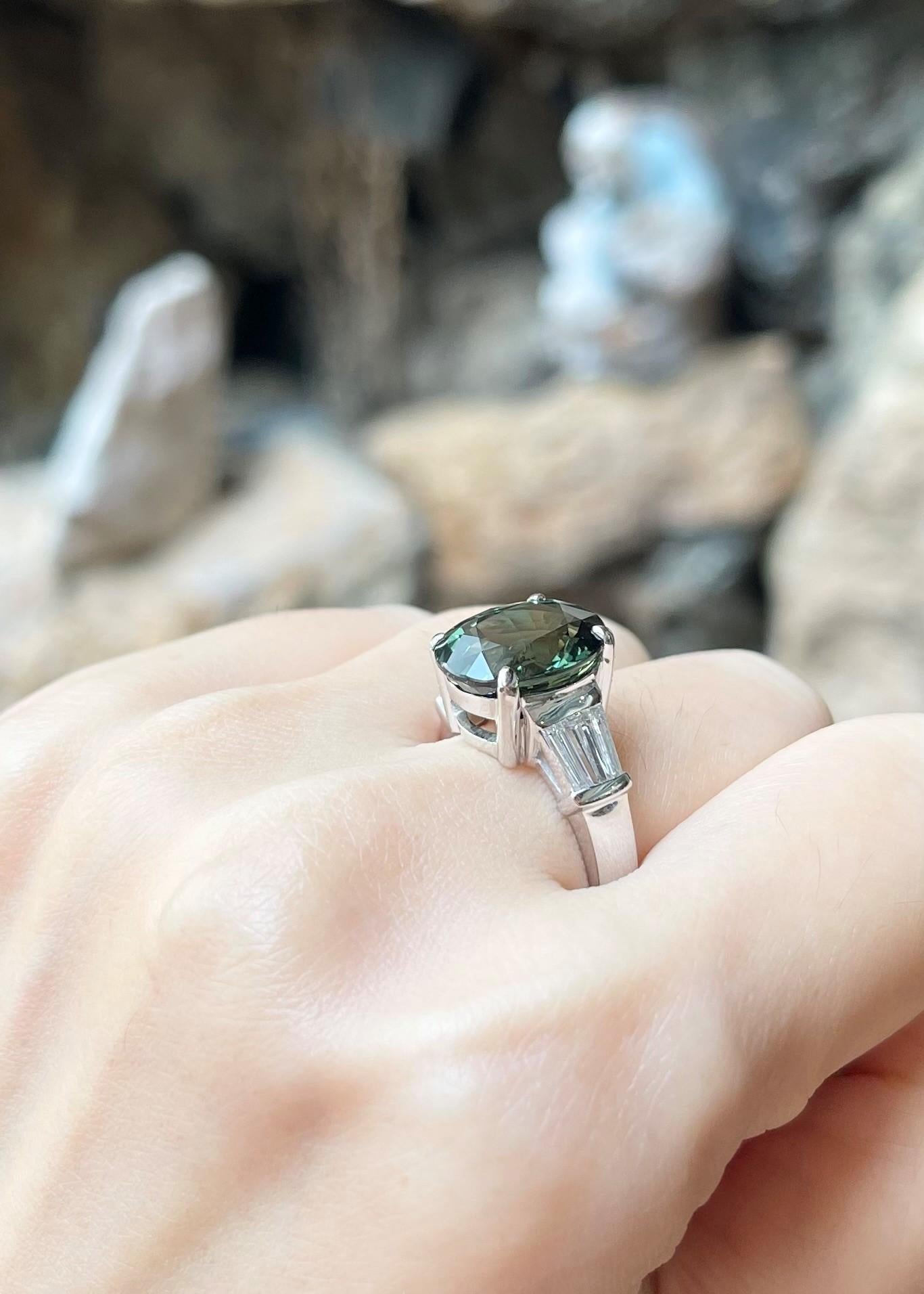 Oval Cut Green Sapphire with Diamond Ring set in Platinum 950 Settings For Sale