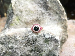 Round Cut Green Sapphire, Pink Sapphire and Diamond Ring Set in 18K Rose Gold