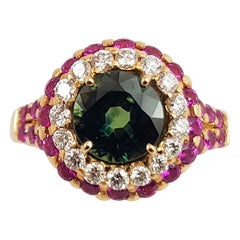 Round Cut Green Sapphire, Pink Sapphire and Diamond Ring Set in 18K Rose Gold