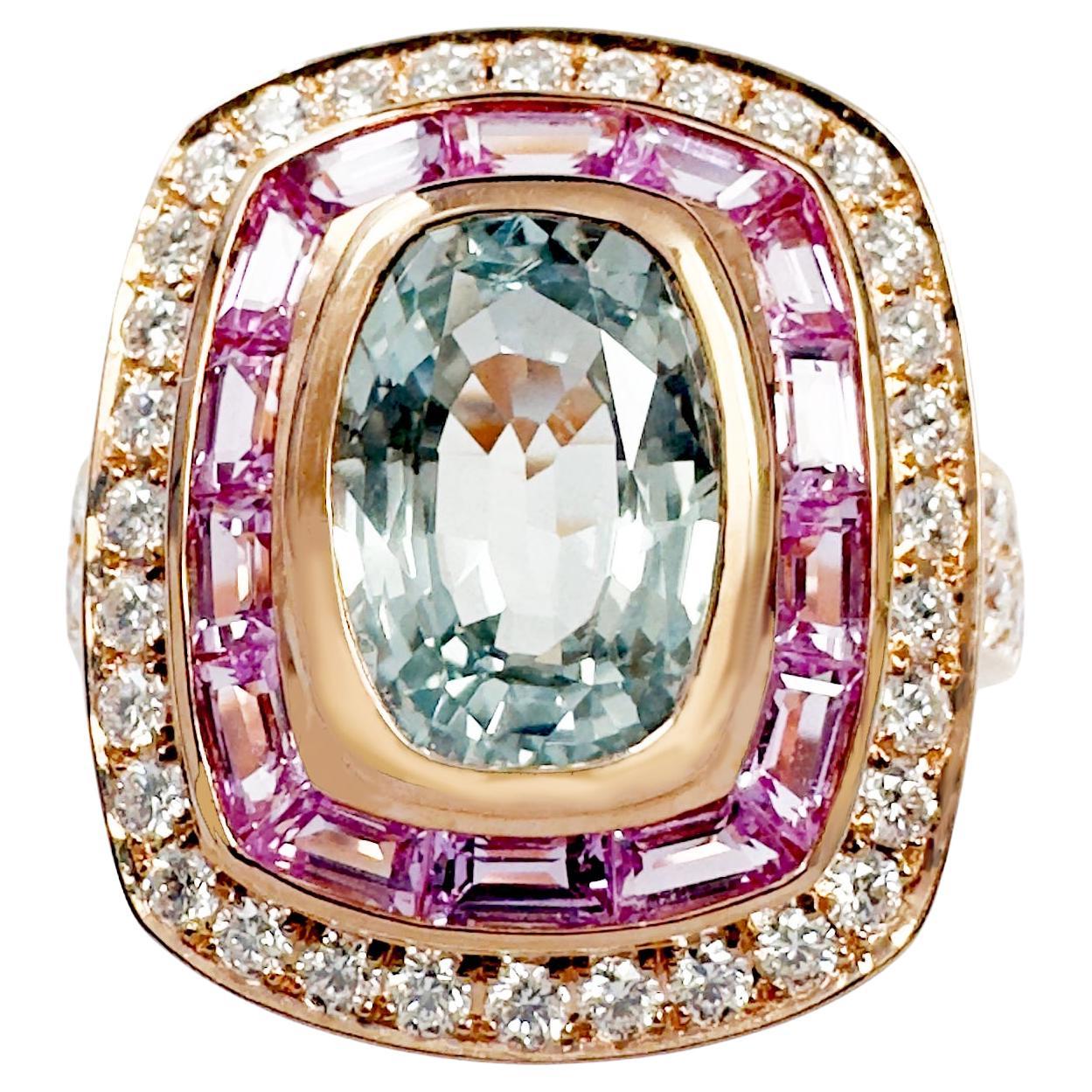 Green Sapphire with Pink Sapphire and Diamond Ring set in 18K Rose Gold Settings For Sale
