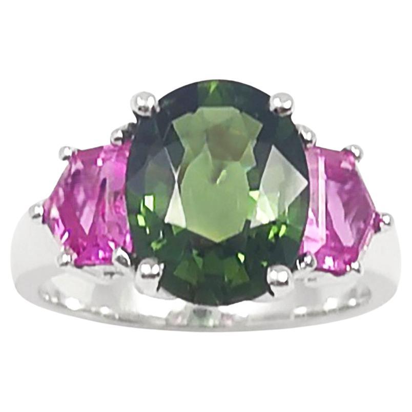 Green Sapphire with Pink Sapphire Ring set in 18K White Gold Settings For Sale