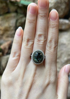 Green Sapphire with Treated Green Diamond and Diamond Ring set in 18K Gold