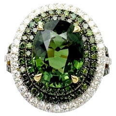 Green Sapphire with Treated Green Diamond and Diamond Ring set in 18K Gold