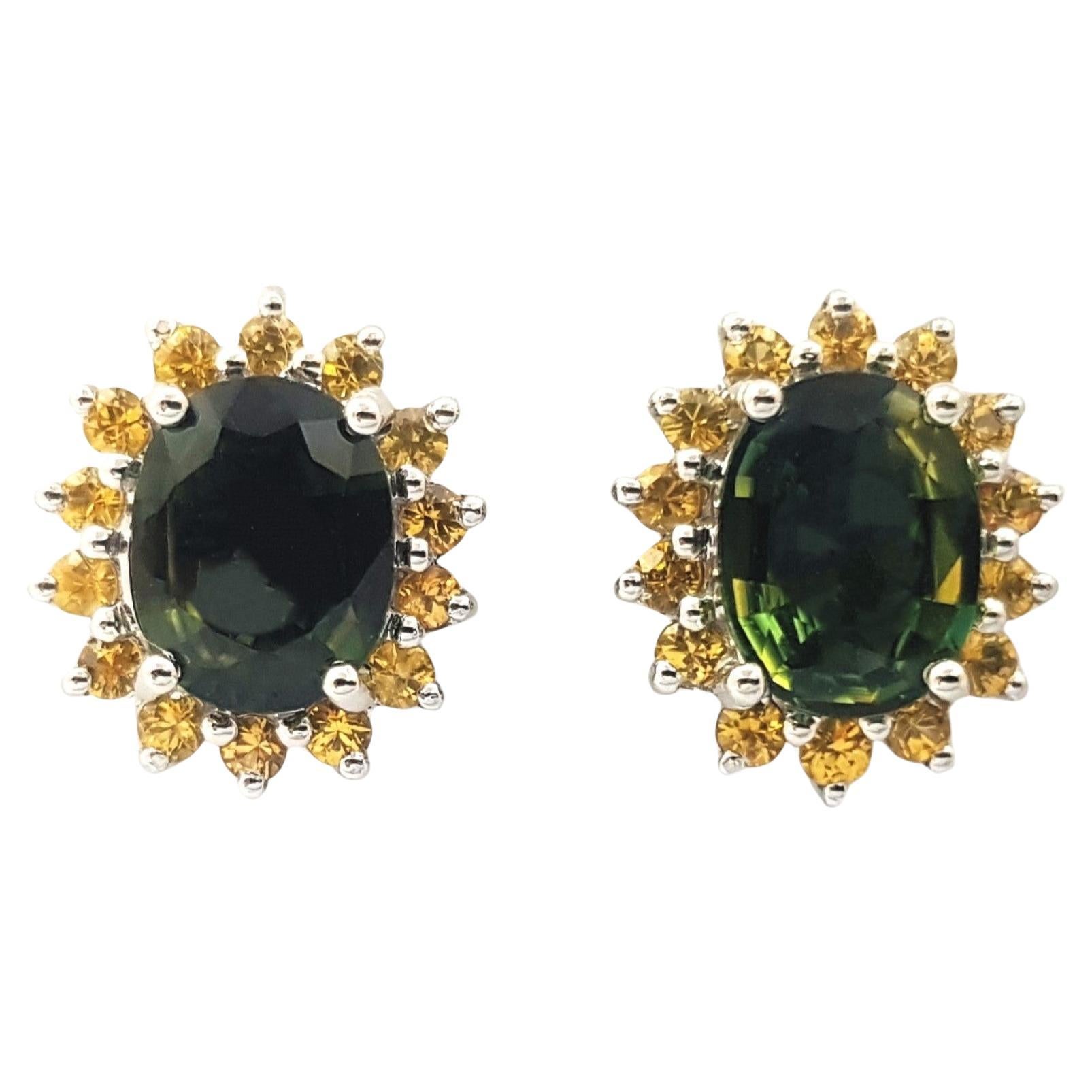 Green Sapphire with Yellow Sapphire Earrings set in 14K White Gold Settings