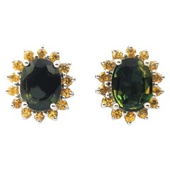 Green Sapphire with Yellow Sapphire Earrings set in 14K White Gold Settings