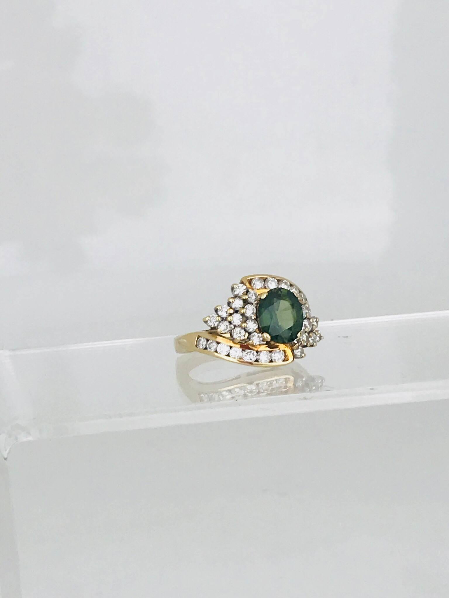 Oval Cut Green Sapphire 1.50 Carat Ring with 1.50 Carat Diamond, Retro Cluster For Sale
