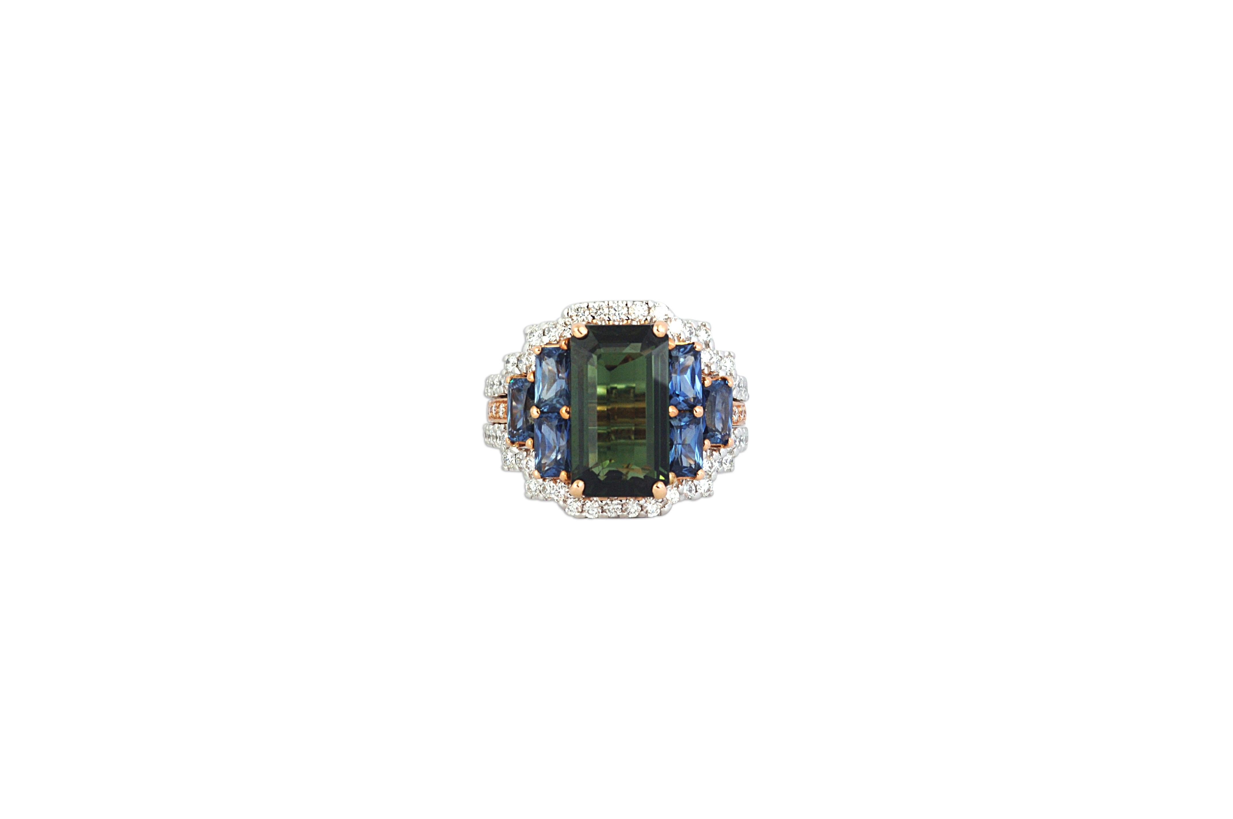 Green Sapphire 5.72 carats, Blue Sapphire 2.30 carats with Diamond 0.74 carat Ring set in 18 Karat White Gold and Pink Gold Settings
Width: 2.5 cm
Length:1.6 cm
Ring Size: 53
Total Weight: 12.38 grams

