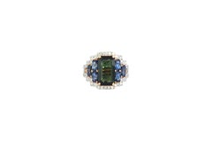 Green Sapphire, Blue Sapphire with Jacket Diamond Ring in 18K White/Pink Gold