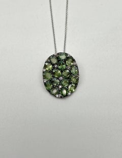 Green Sapphires Pave Set Diamonds 14K White Gold Pendant Necklace