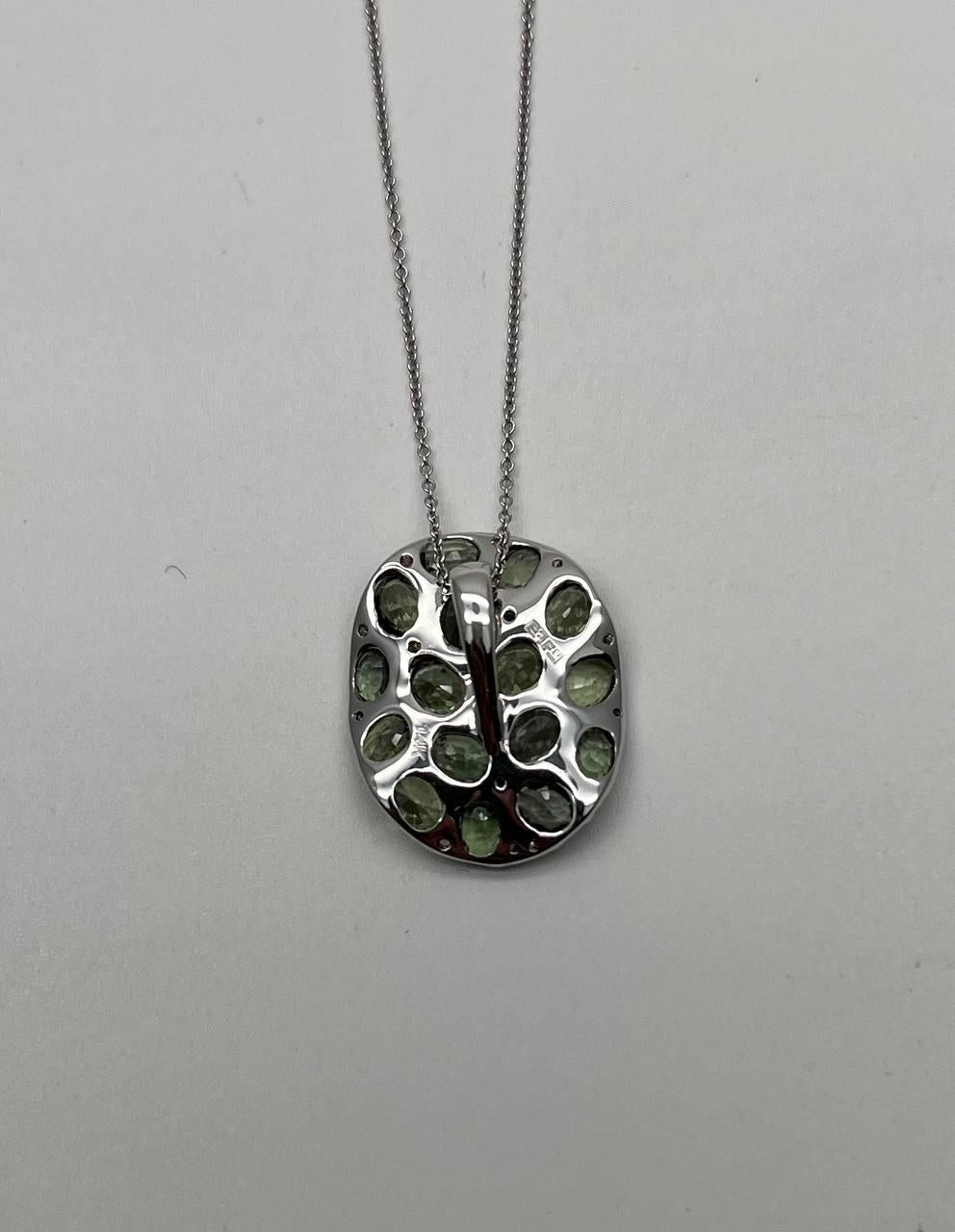 Mixed Cut Green Sapphires Pave Set Diamonds 14K White Gold Pendant Necklace For Sale
