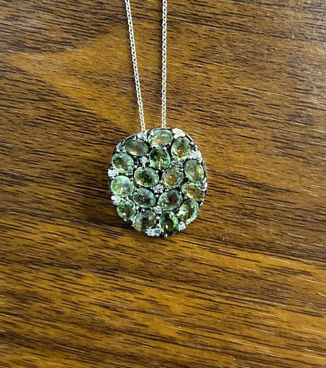 Women's Green Sapphires Pave Set Diamonds 14K White Gold Pendant Necklace For Sale